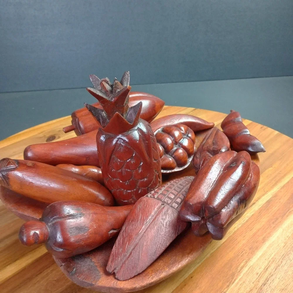 Vintage MCM Wooden Fruit Bowl with 10 pc Wooden Fruit Veggie‎ Decorative Dish